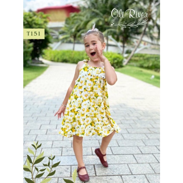 (1->10 tuổi) Váy đầm 2 dây buộc nơ vai Oli River, họa tiết hoa cúc cực xinh yêu (T151)