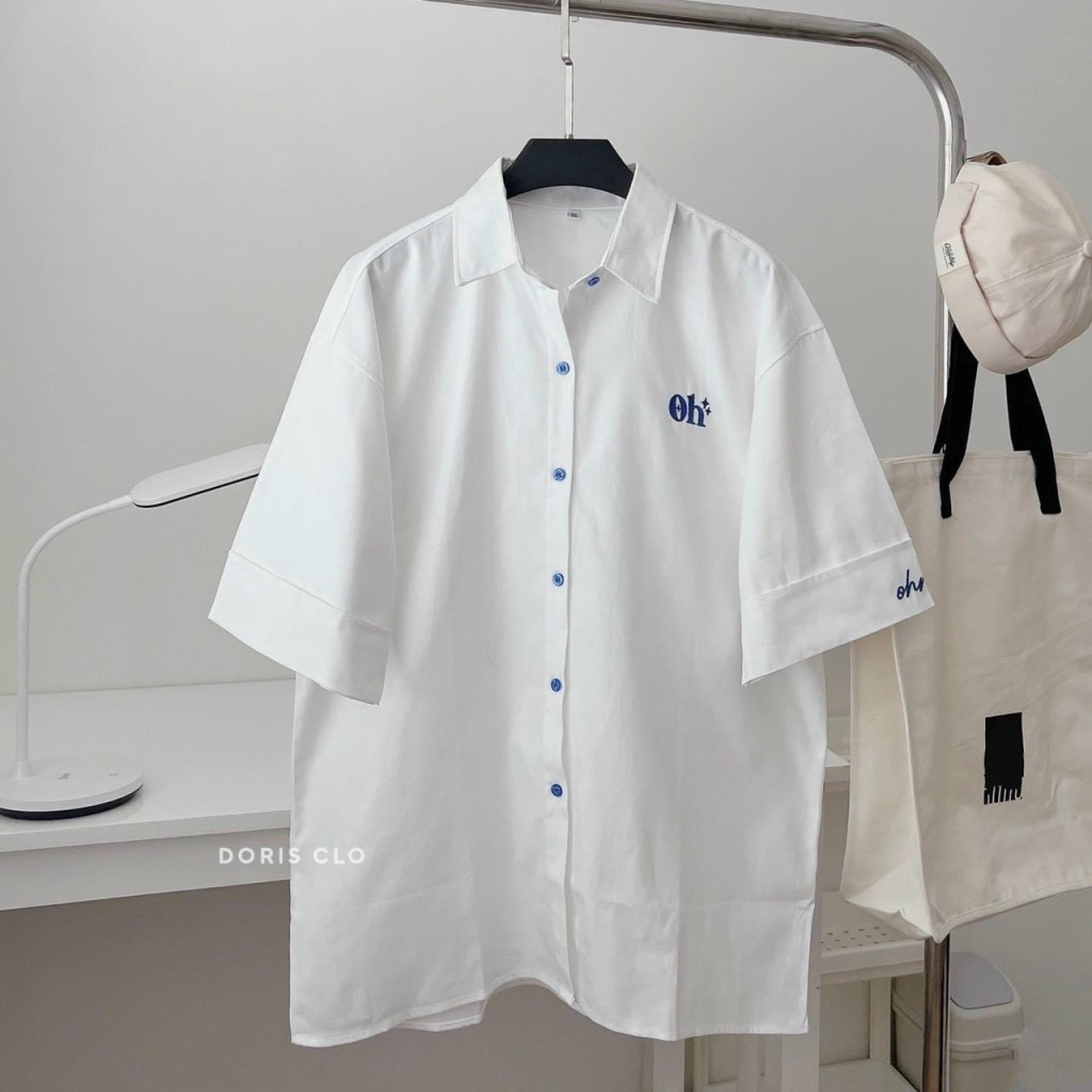 (HCM) ÁO SƠ MI KIỂU FORM RỘNG THÊU LOGO OH SIÊU XỊN THỜI TRANG GENZ HOT HIT KME FASHION