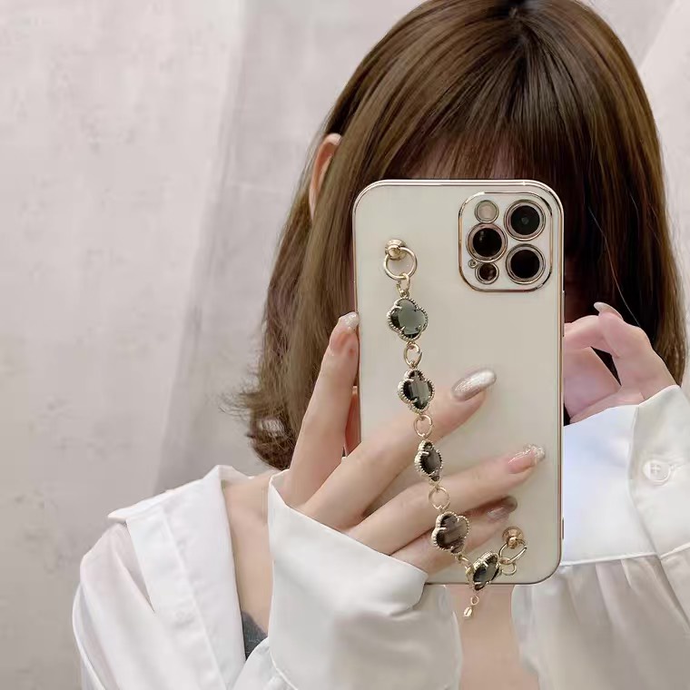 Ốp lưng iphone mạ điện 6D kèm dây cỏ 4 lá sang trọng cho Iphone 7 8 Plus SE X XS XS Max 11 12 13 14 Pro Max
