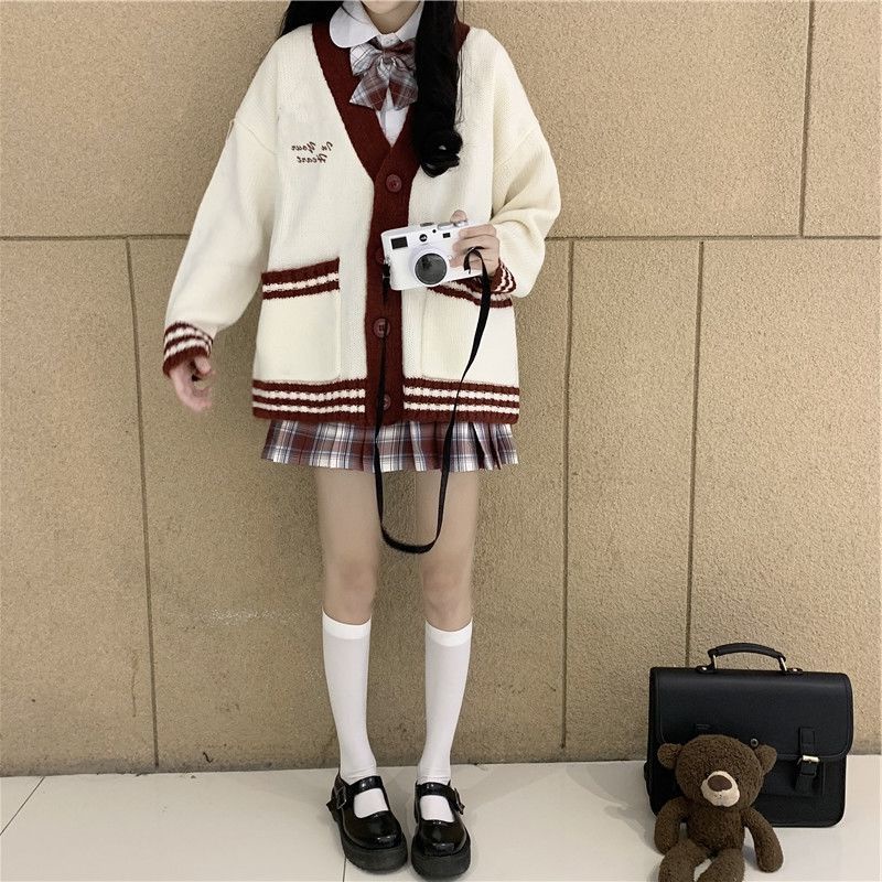 Áo Khoác Dệt Kim Tay Dài Màu Sắc Tương Phản Phong Cách Hàn Quốc Cho Nữ