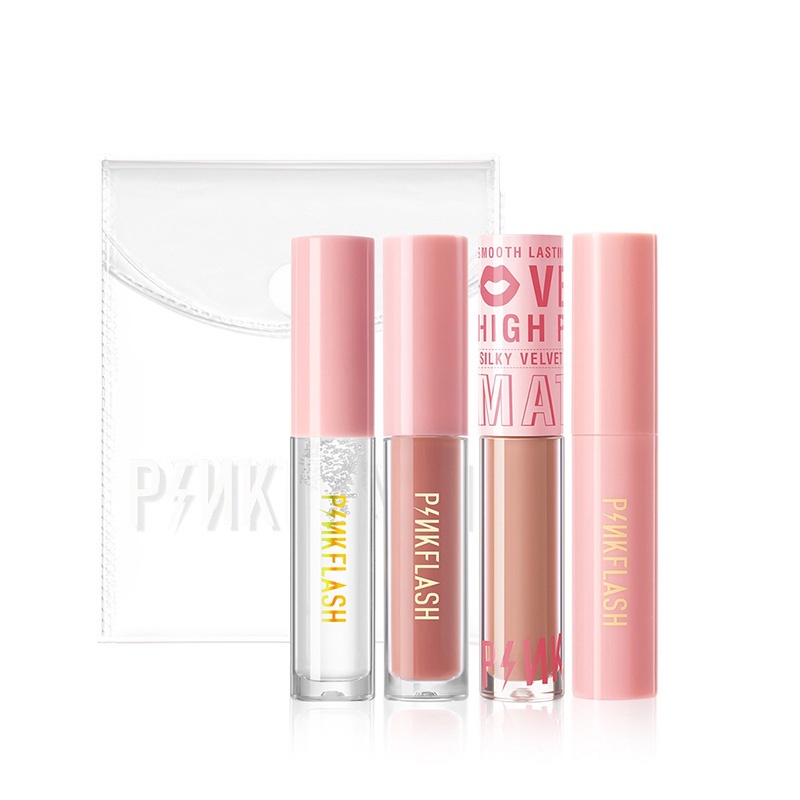 PINKFLASH Bộ Son Kem Dưỡng Ẩm Lâu Trôi Màu Hồng với  Túi PVC Trong Suốt 150g/5PCS