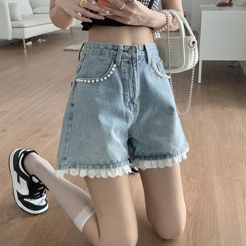 Quần Sọt denim Lưng Cao Phối Ren Cho Nữ JL-DK-30