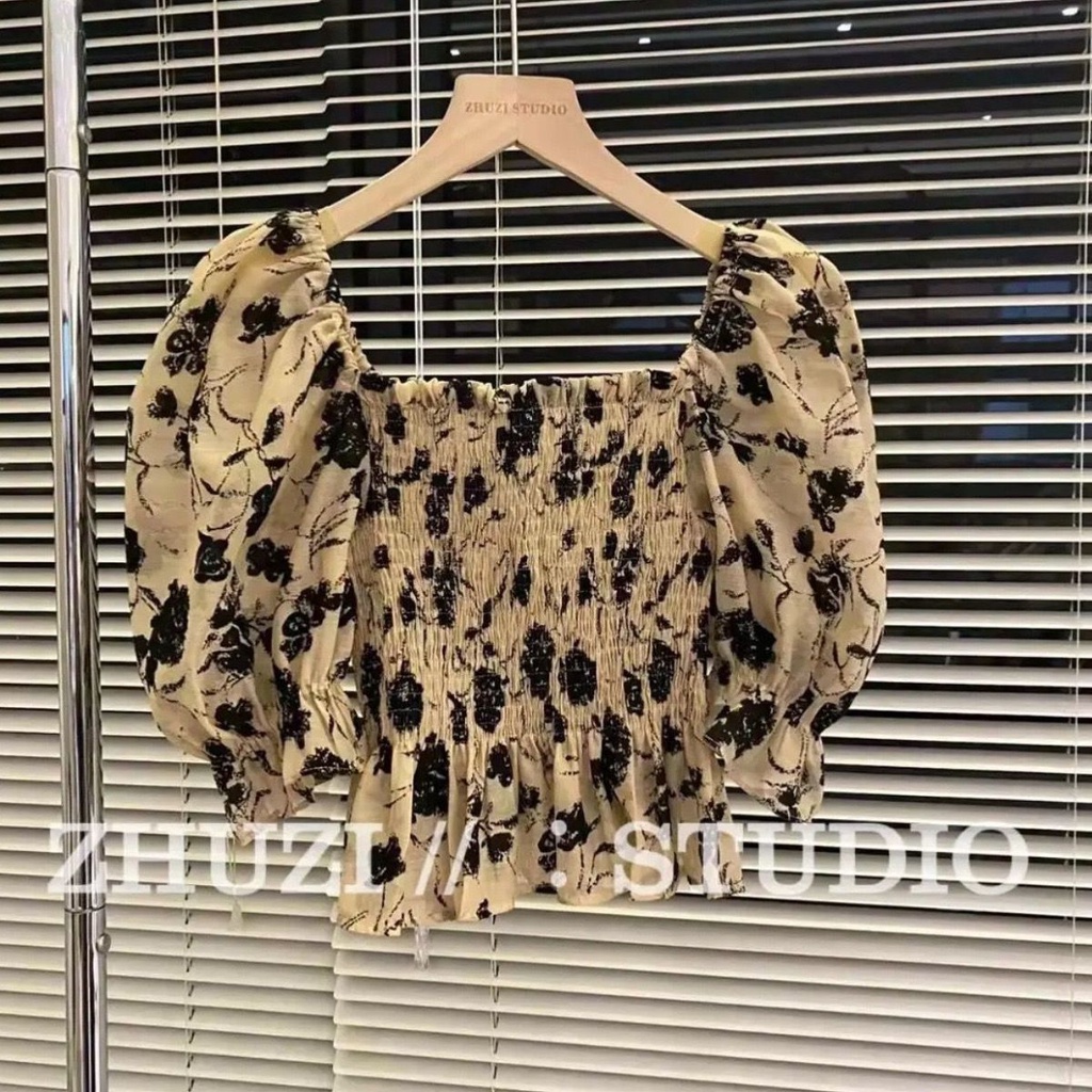 Áo Kiểu Chiffon Cổ Vuông Họa Tiết Hoa Phong Cách Retro