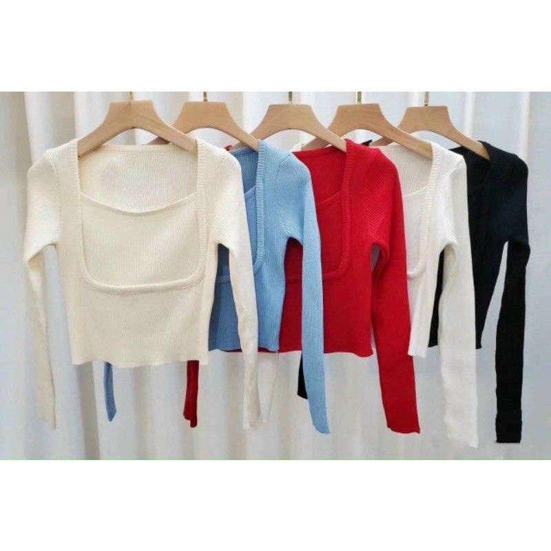Áo cổ vuông croptop thun Gân phối kiểu A15