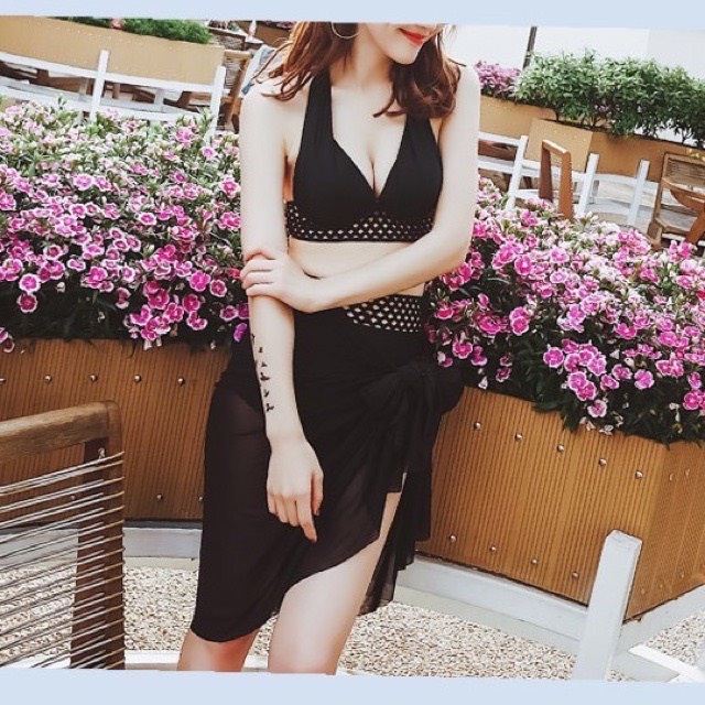 Bikini bộ bơi đồ bơi nữ áo gọng nâng ngực quần cạp cao phối lưới đen HM-010