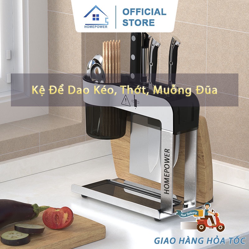 Kệ để dao, giá để dao thớt, ống đựng đũa Homepower Inox 304 có khay hứng nước thông minh tiện lợi