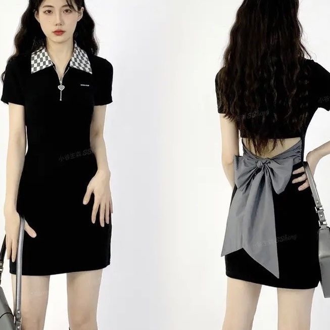 Đầm polo COZOKC tay ngắn thắt nơ lưng dễ thương thời trang