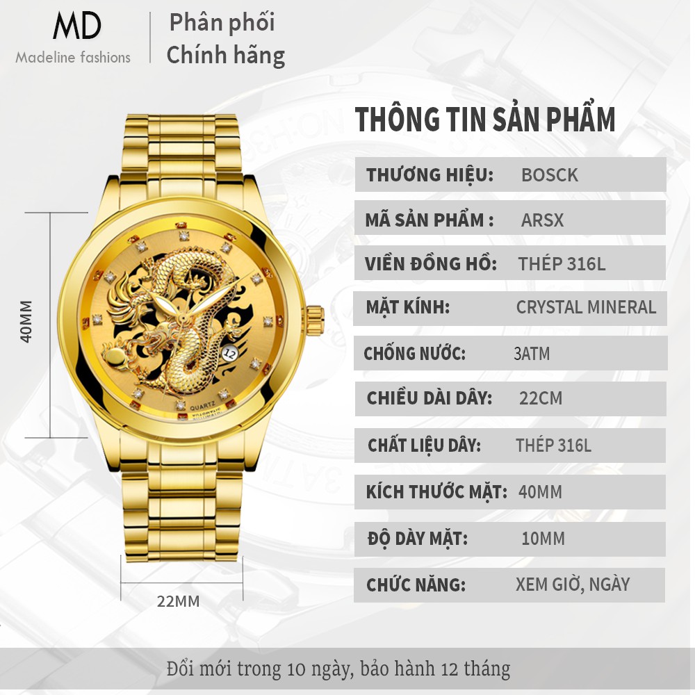 Đồng hồ nam rồng BOSCK chính hãng, in 3D cực kỳ sang trọng, kiểu dáng giả cơ độc đáo, kim dạ quang ( Mã: ARSX )