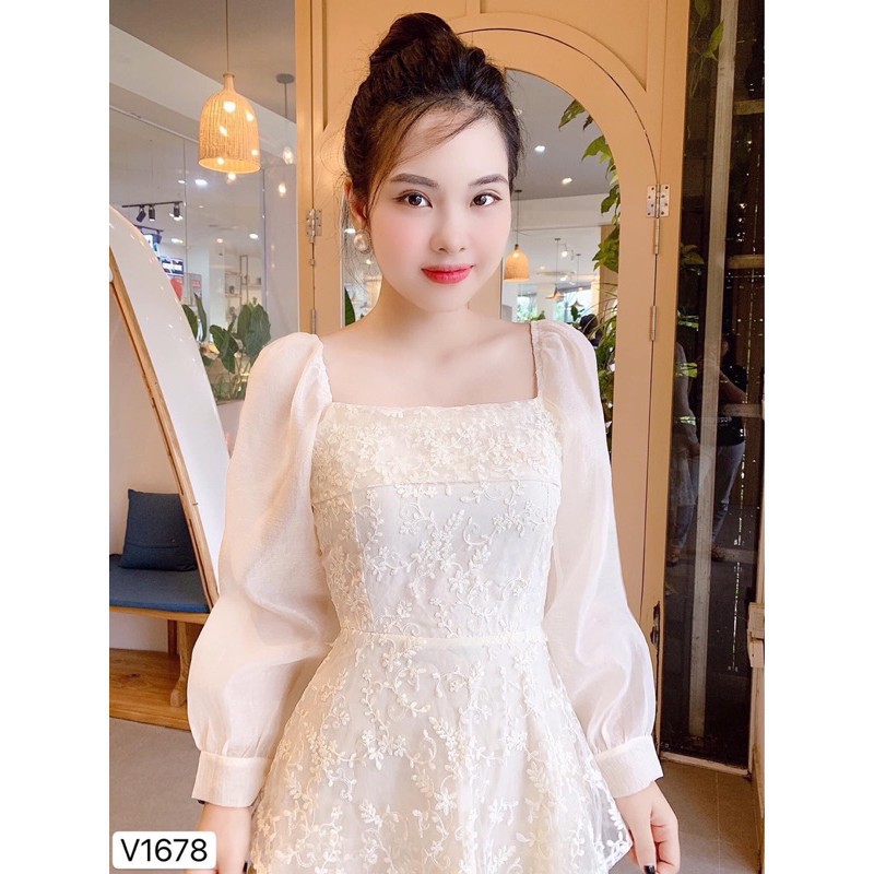 Đầm dáng xòe 👗 Đẹp DVC 💕 Đầm xòe tầng dự tiệc tay dài phối ren V1678