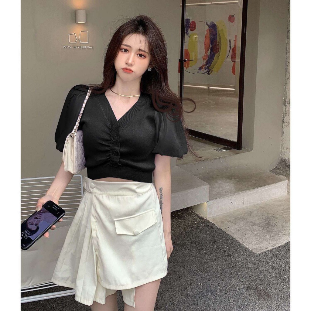 Áo len tay phồng ngắn cổ chữ v màu hồng trơn ôm dáng thời trang cho nữ | BigBuy360 - bigbuy360.vn