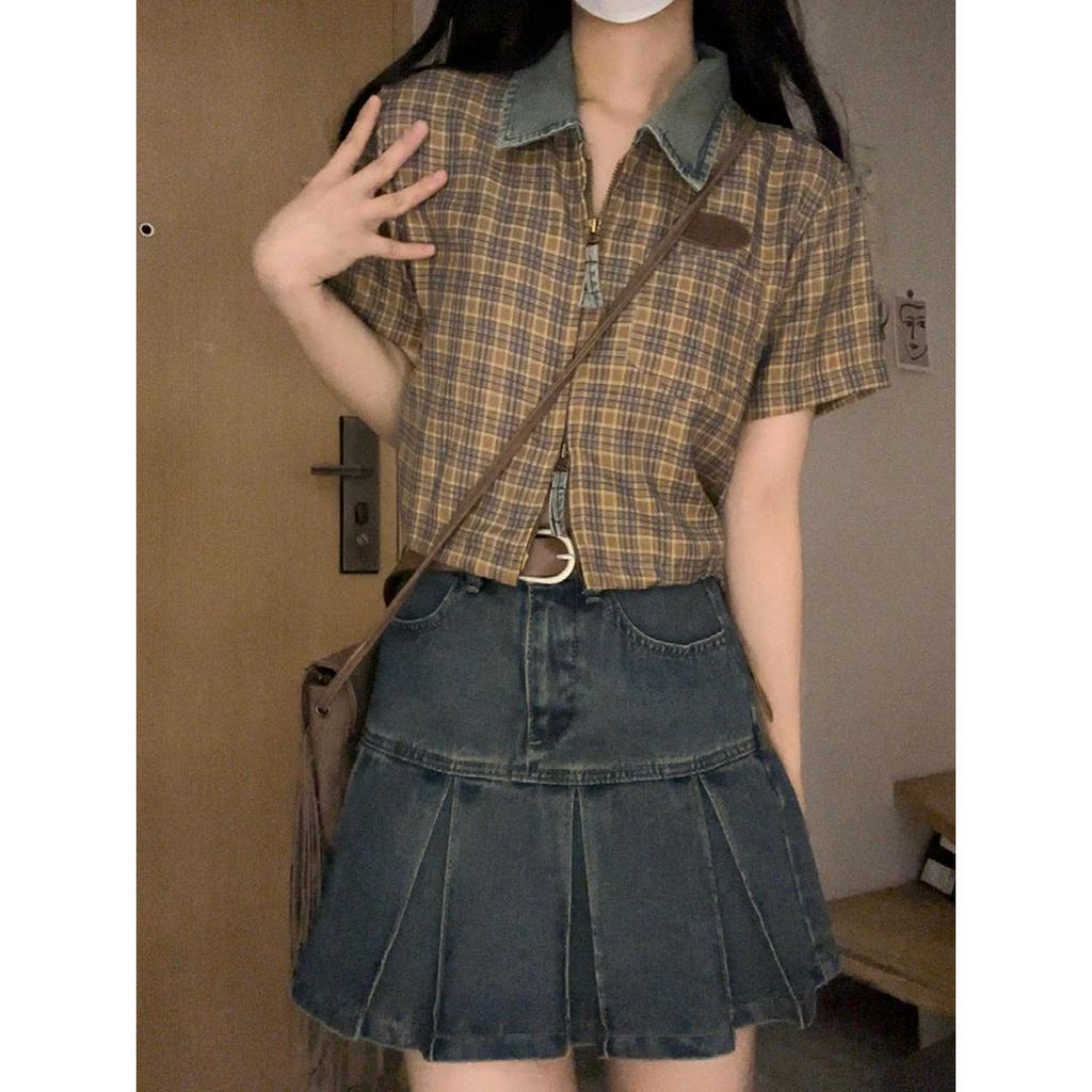 Ethelgirl Áo Sơ Mi Tay Ngắn Cổ Polo Phối Khóa Kéo Họa Tiết Sọc Caro Phong Cách Mỹ Cổ Điển Thời Trang Cho Nữ