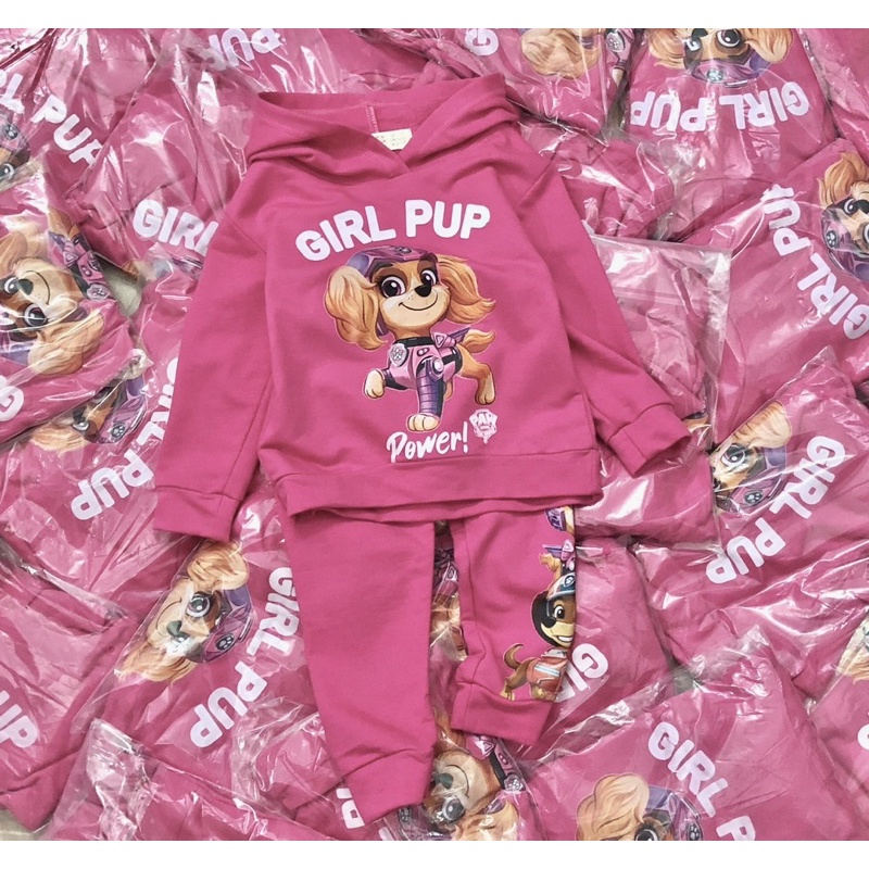 Set bộ nỉ da cá có mũ chó đội trưởng cho bé gái màu hồng