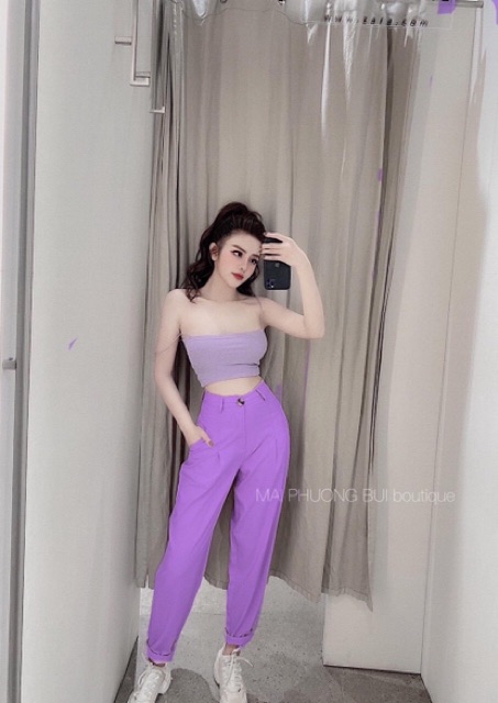 Set crop tím 2 dây và quần Tây baggy