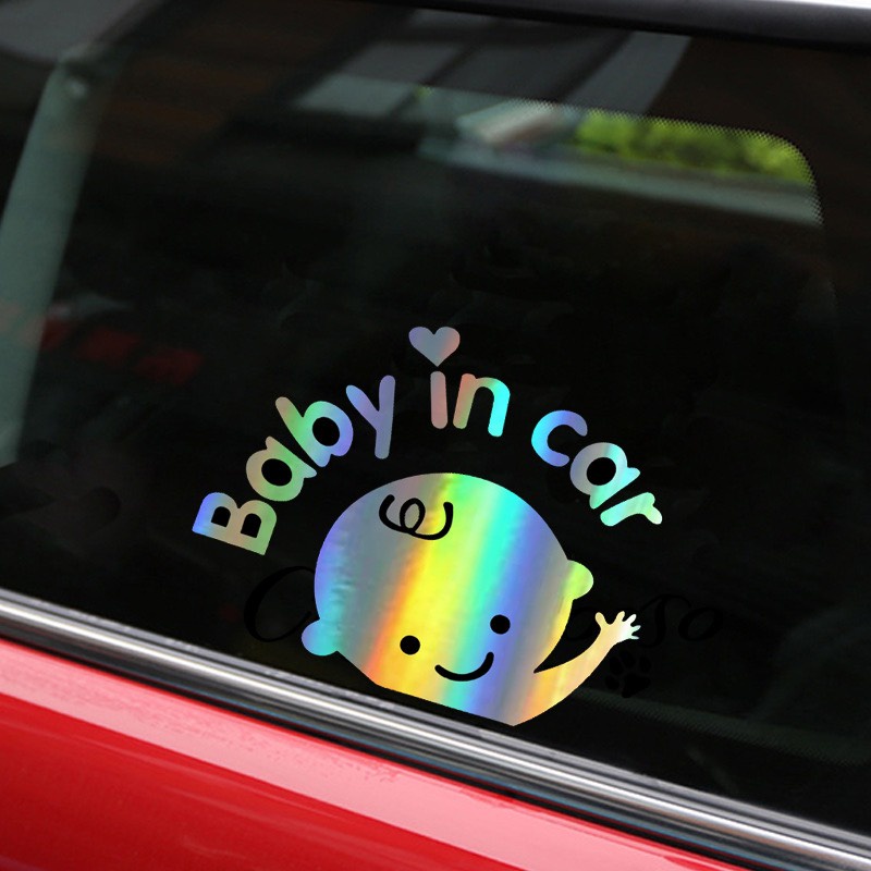 Tem xe ô tô BABY IN CAR 14x17cm đề can dán xe trang trí kính chất liệu Vinyl cao cấp - Khải Huy Scar