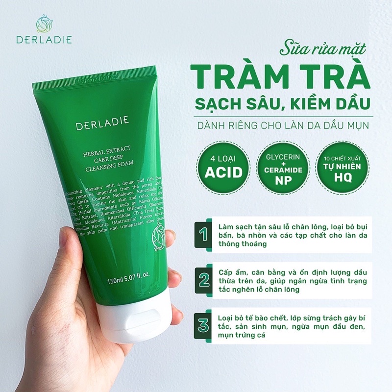 Sữa Rửa Mặt Derladie Herbal Extract Care Deep Cleansing Foam Tràm Trà Sạch Sâu, Kiềm Dầu 150ml