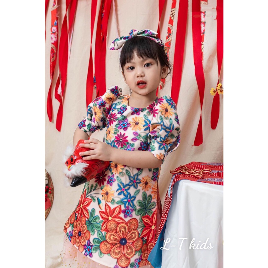 Áo dài cách tân cho bé gái kèm tuban hoa xuân Size 8-30kg XHN816