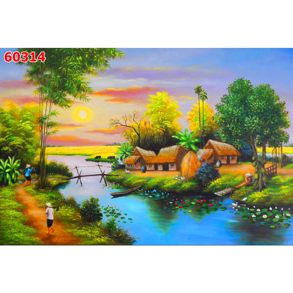 Tranh Dán tường 3D Phong Cảnh Làng Quê chân thực, mộc mạc, yên bình, thanh bình