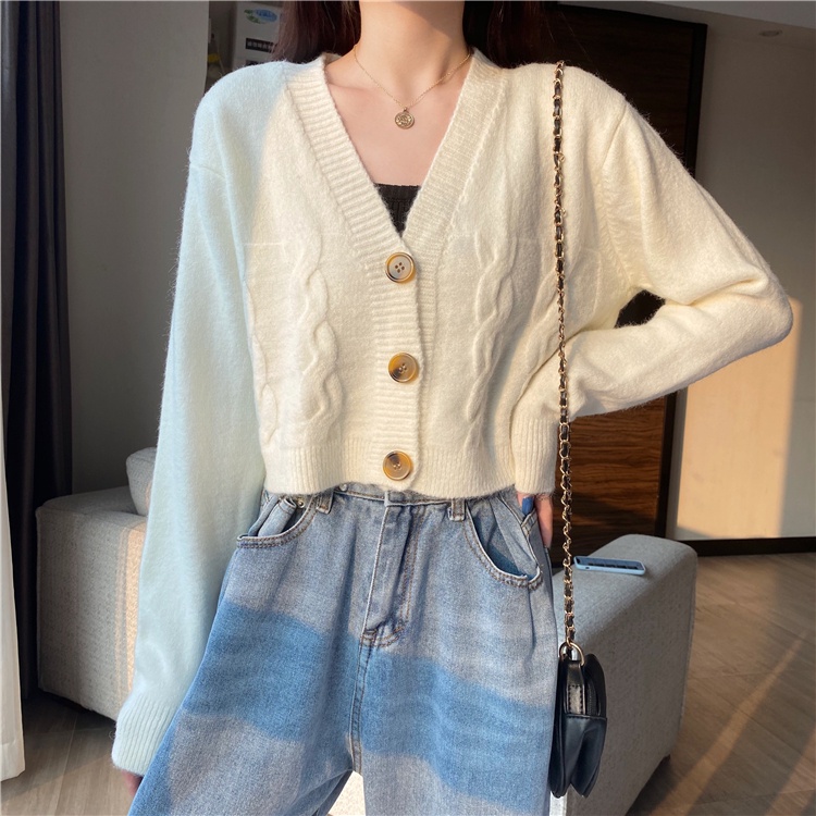 Áo Cardigan Dệt Kim Mềm Mại Tay Dài Cổ Chữ V Màu Trơn 5 Màu Lựa Chọn