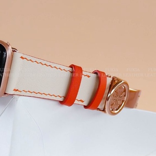 Dây da thủ công Swift Trắng Mix chỉ Cam dành cho Apple Watch, đồng hồ thông minh, đồng hồ cơ DDTC138