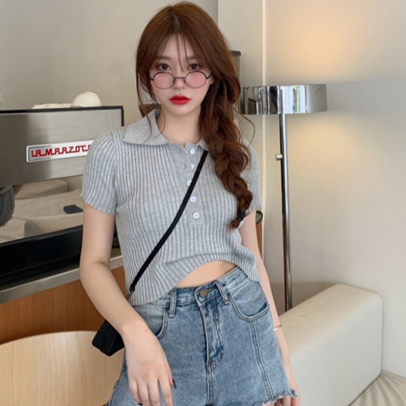 Áo Thun Dệt Kim Ngắn Tay Cổ Bẻ Màu Trơn Thời Trang Cho Nữ