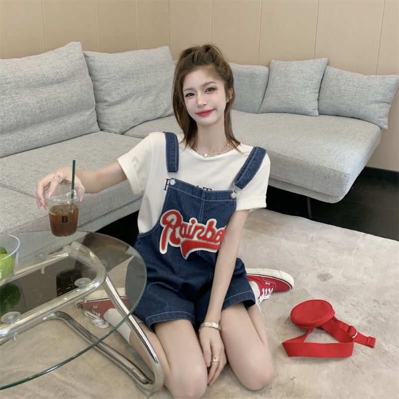Quần Yếm Denim Ngắn Ống Rộng Dáng Suông Thời Trang Mùa Hè Cho Nữ