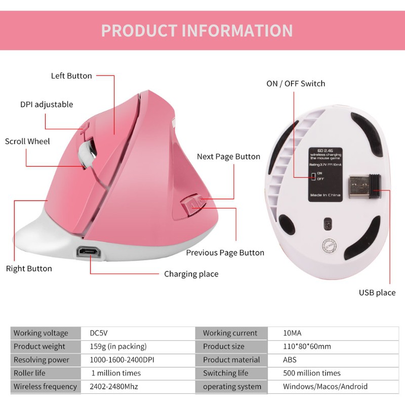 Chuột Quang Không Dây Dạng Đứng 1600dpi 2.4ghz