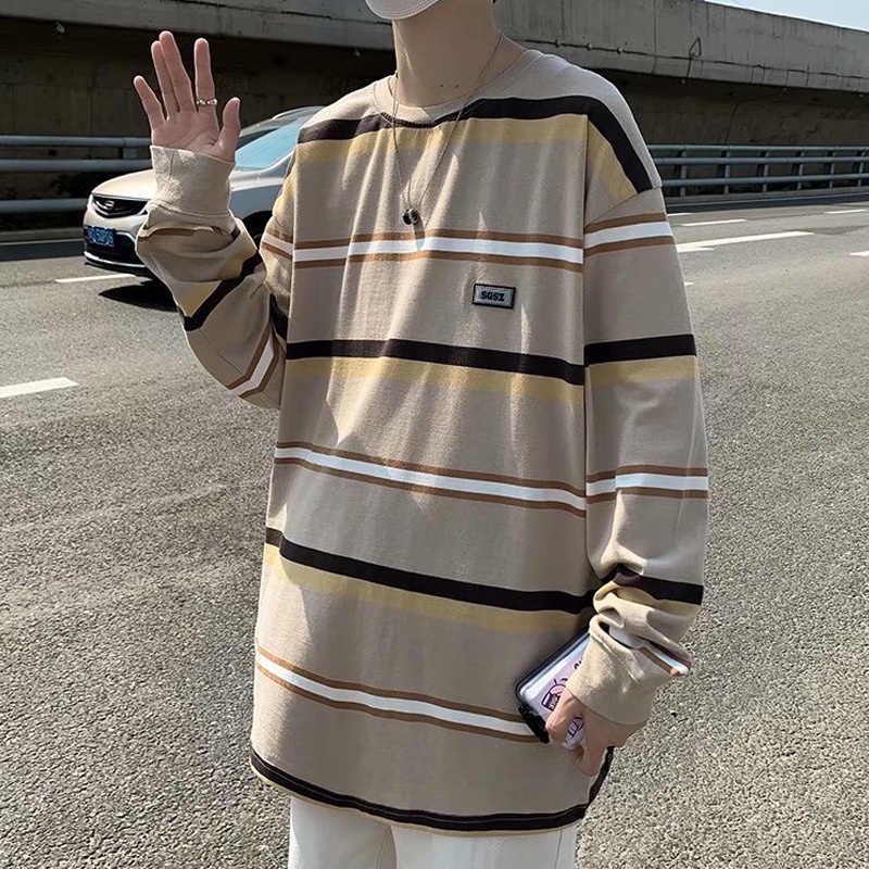 Áo thun tay dài cổ tròn dáng rộng họa tiết sọc ngang phong cách Hàn Quốc thời trang cho nam