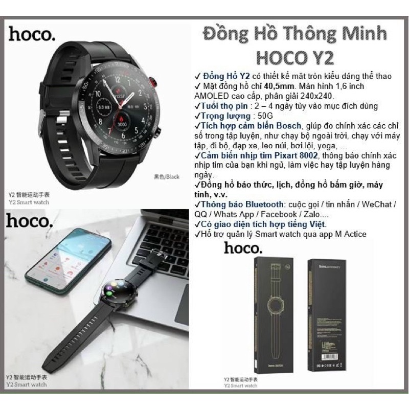 Smart Watch Hoco Y2 - Đồng hồ thông minh hỗ trợ nghe gọi, theo dõi sức khỏe, thể thao, chống nước IP68 - CHÍNH HÃNG