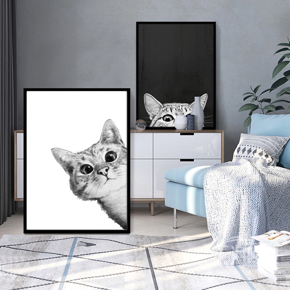 Tranh Canvas Treo Tường Trang Trí Hình Mèo Trắng Đen Đáng Yêu