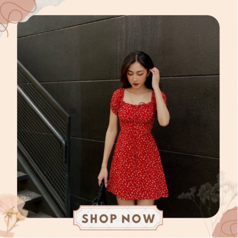 Đầm xoè hoa nhí màu đỏ cho mùa Hè rực rỡ
