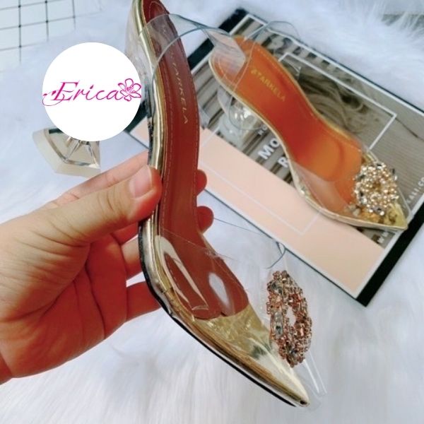 Guốc nữ gót cao 9p ERICA nhọn bít mũi trong suốt đính đá có hậu quai trong suốt thu hút mọi ánh nhìn ERICA SHOES A16 BBF