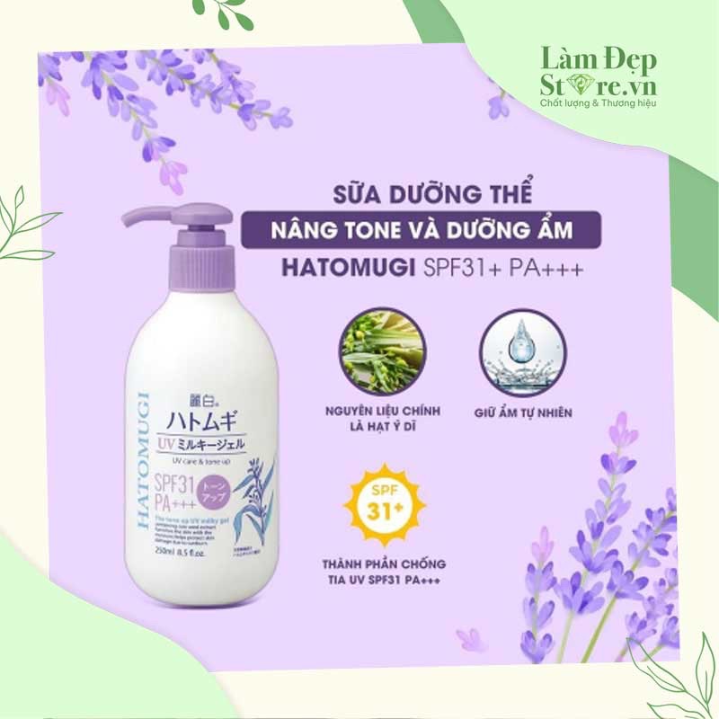 Gel Dưỡng Thể Chống Nắng Hatomugi UV Care &amp; Tone Up UV Milky Gel SPF31 PA+++ Dành Cho Mọi Loại Da (Chai 250ml)