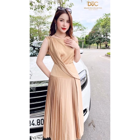 V2763 - váy dập ly màu nâu dự tiệc