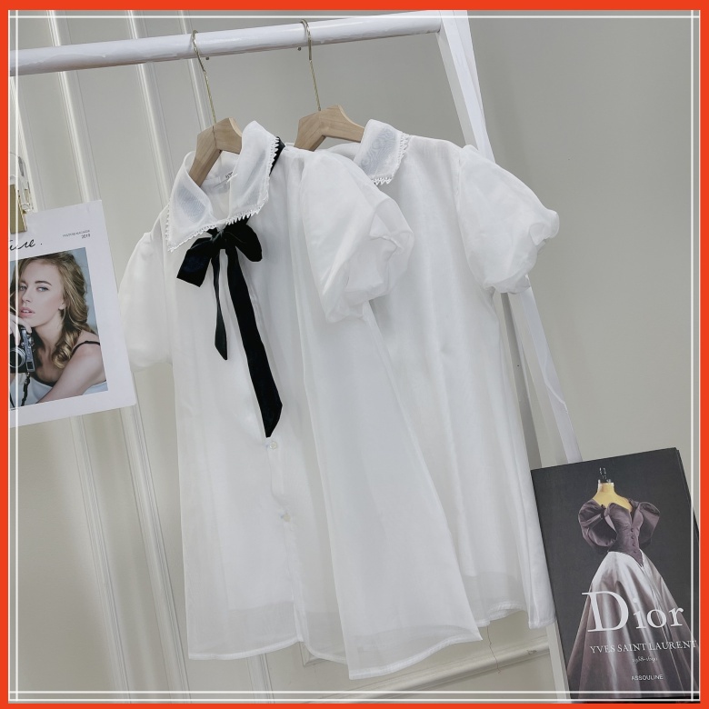 Áo babydoll voan cổ bèo viền ren thắt nơ dáng xòe, Áo váy babydoll voan giấu quần tay bồng shopxinh888888