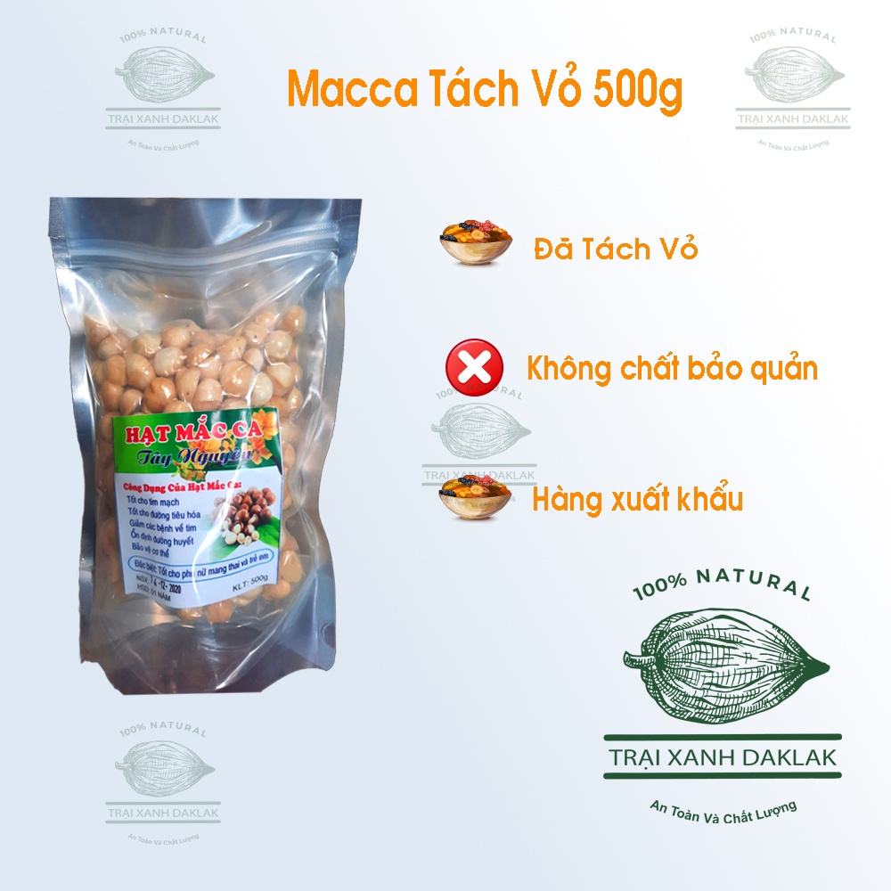 Đồng Xanh Quả Nhân MACCA Đắc Lắc đã tách vỏ thơm ngon không chất bảo quản phù hợp tiêu chuẩn VSATTP giống hạt từ Úc 500g