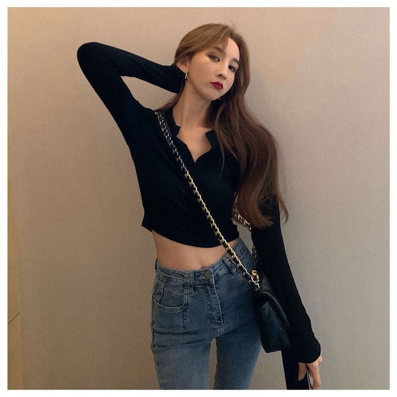 Áo thun tay dài cổ polo phong cách Pháp thiết kế mới dành cho nữ 2021