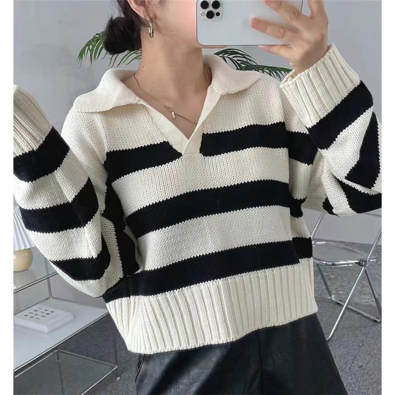 Rose Sweater Dệt Kim Cổ Polo Tay Dài Dáng Rộng In Chữ Blackpink Thời Trang