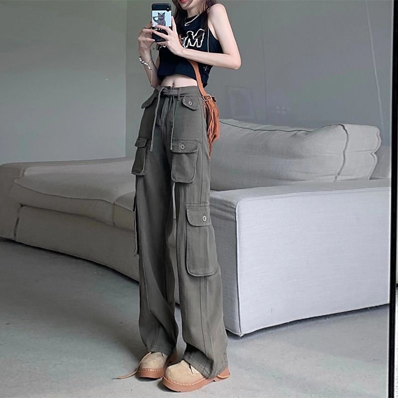 Quần Yếm Jeans Ống Rộng Lưng Cao Phong Cách Retro Cho Nữ