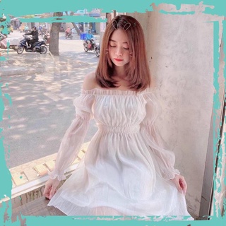 Đầm trắng công chúa tay bồng trễ vai dáng xoè