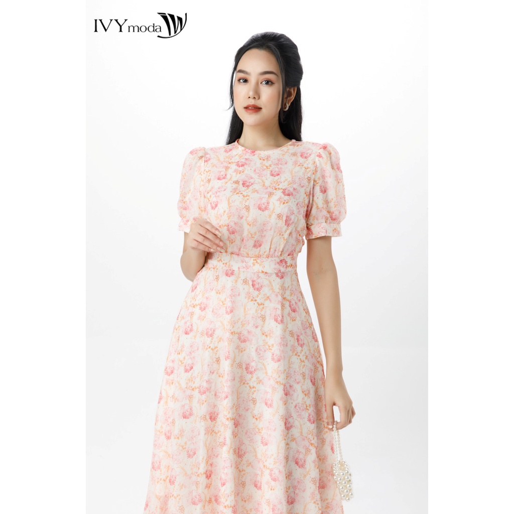 Đầm lụa xòe tay phồng IVY moda MS 48M7378