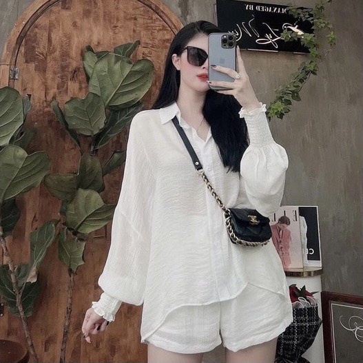 Set đồ nữ, Set áo sơ mi đũi trắng đuôi tôm mix quần đùi trắng bao đẹp[Ảnh thật] | BigBuy360 - bigbuy360.vn