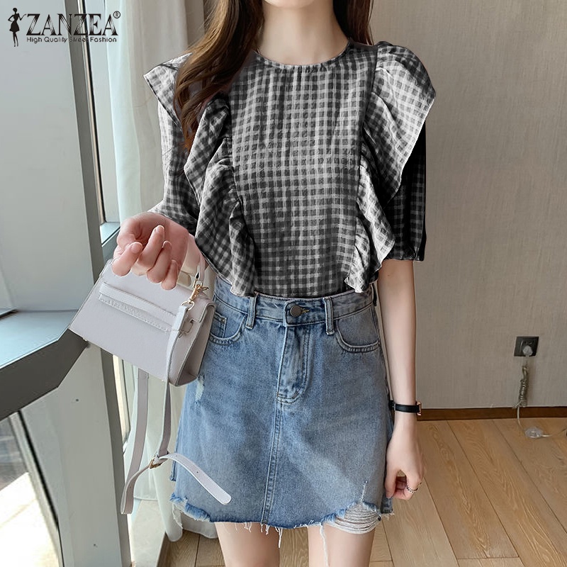 Zanzea Áo Sơ Mi Tay Lửng Cổ Tròn Họa Tiết Caro Phong Cách Hàn Quốc Thời Trang Cho Nữ