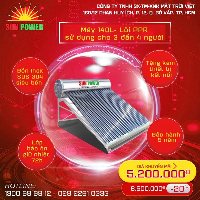 Máy nước nóng năng lượng mặt trời Sunpower - 140 lít (Lõi PPR). Phù hợp với gia đình có 3,4 người.