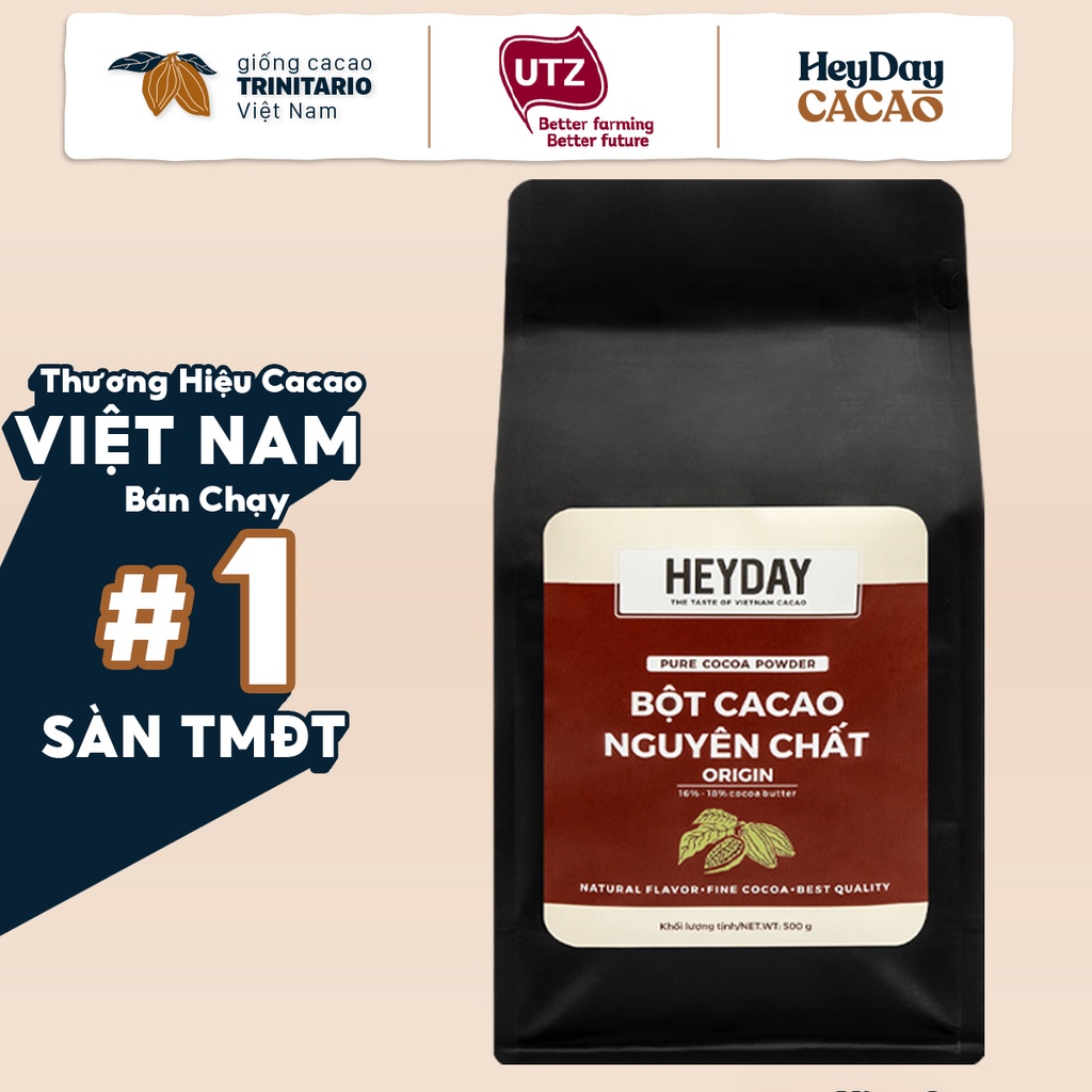 Túi zip 500g Bột cacao nguyên chất 100% không đường Heyday - Dòng Origin thượng hạng - Chuẩn UTZ Quốc Tế