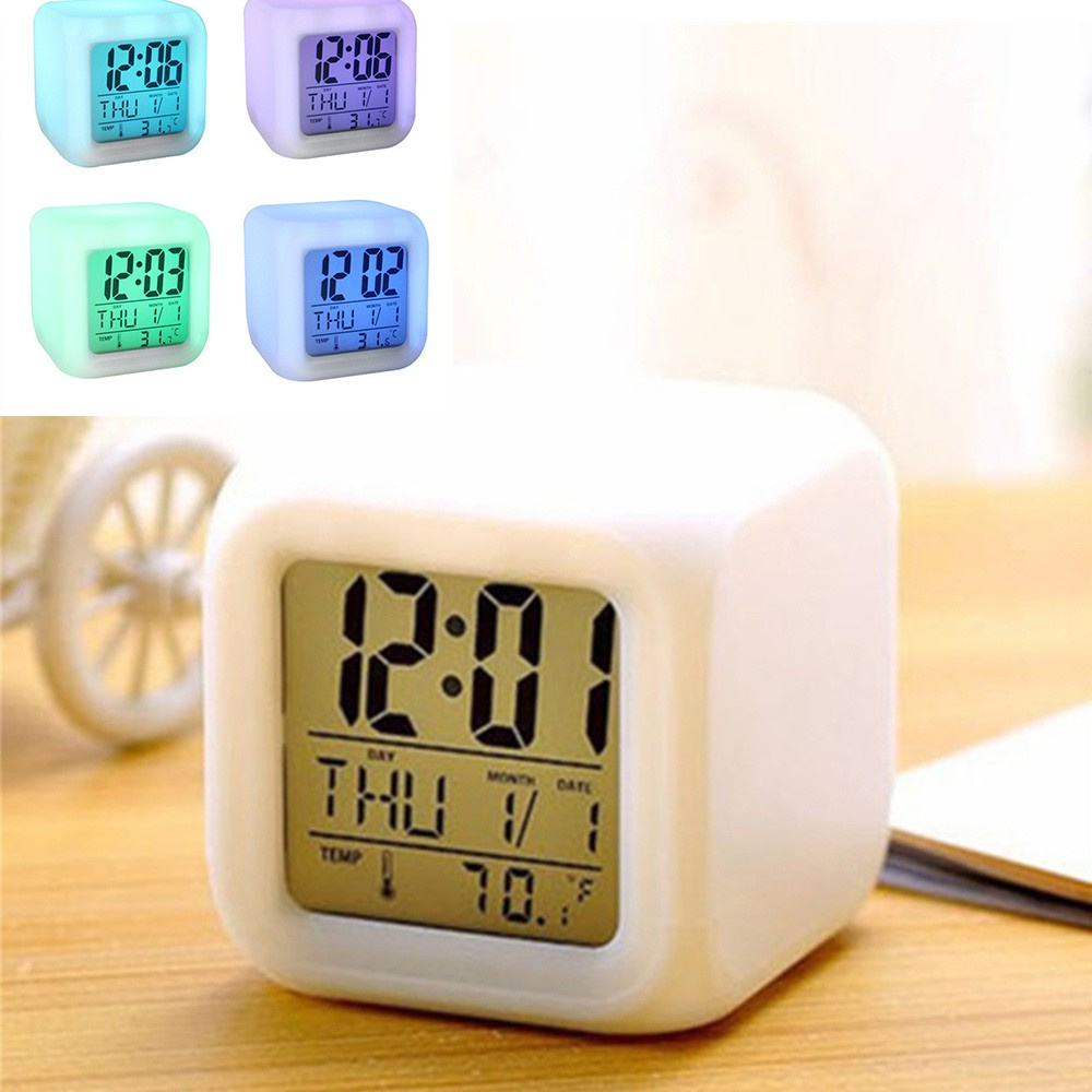 LUCKY Children's Gifts Square Clocks Thermometer LED Display Alarm Clock Portable White Multifunctional Colorful Discoloration Digital