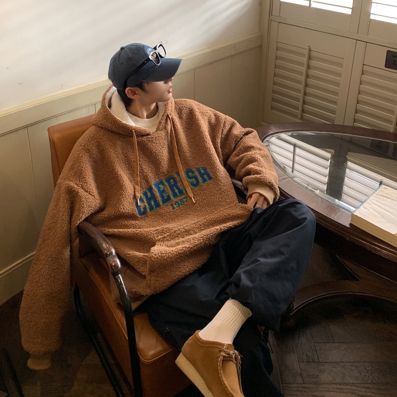 Áo hoodie tay dài dáng rộng thêu chữ chất liệu nhung thời trang cho nam