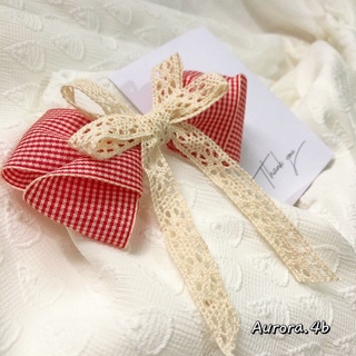 Kẹp nơ caro phối ren đuôi dài nàng thơ hàn quốc- handmade