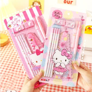 Hellokitty bộ 4 món bút chì + 1 dụng cụ gọt bút chì + 1 thước + 1 nắp bút bi + 1 nắp đậy hình hello kitty