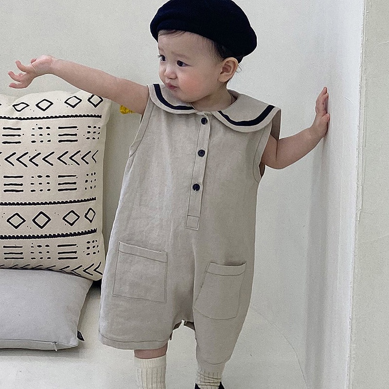 Áo Liền Quần Không Tay Màu Xanh Lam / Xám Cho Bé Trai & Gái Sơ Sinh
