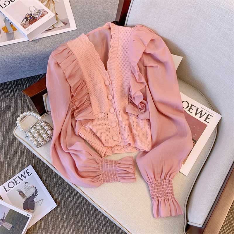 Áo Cardigan Dệt Kim Tay Dài Cổ Chữ V Màu Hồng Phong Cách Phương Tây Thiết Kế Mới Cho Nữ  tao bao